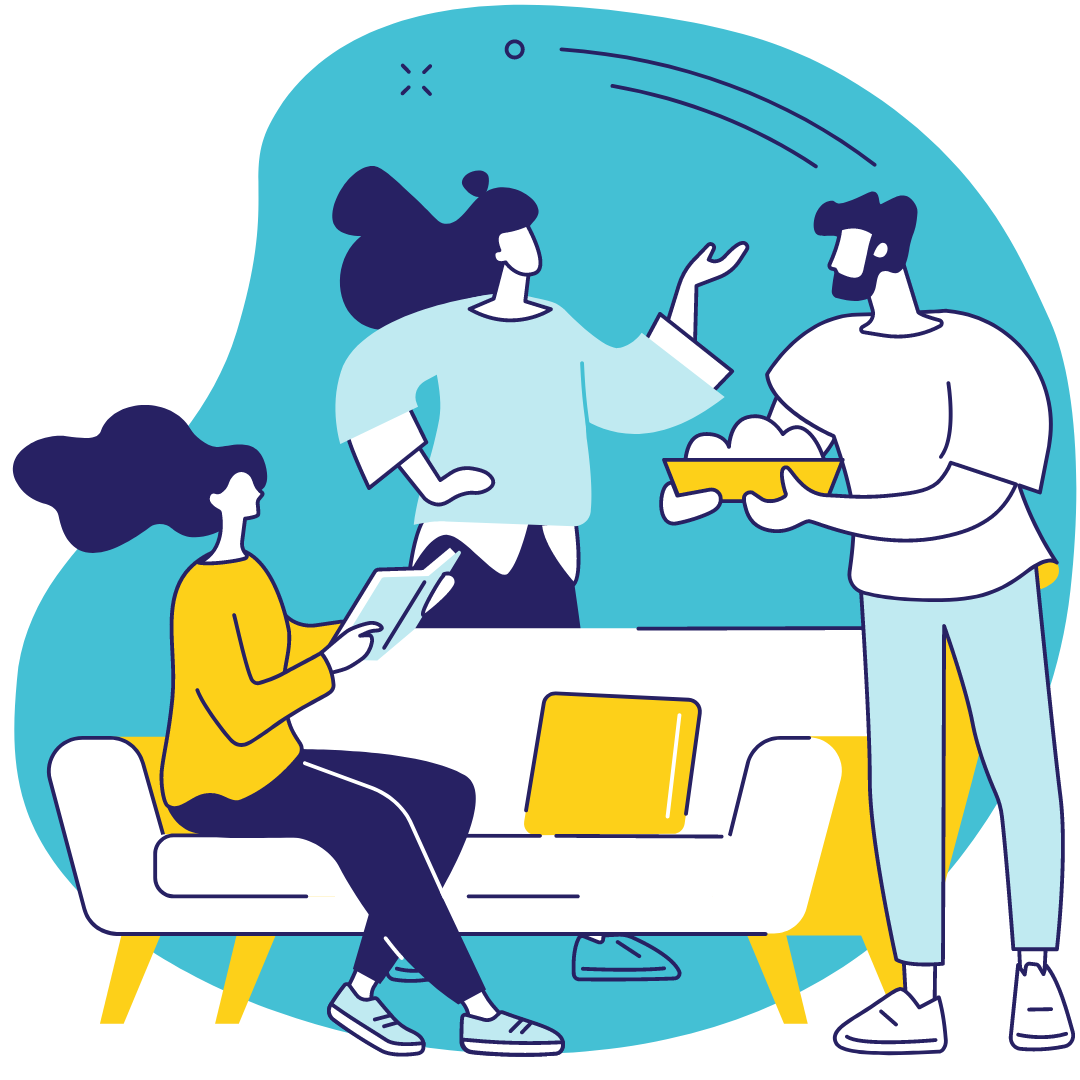 Residents gathering around a couch